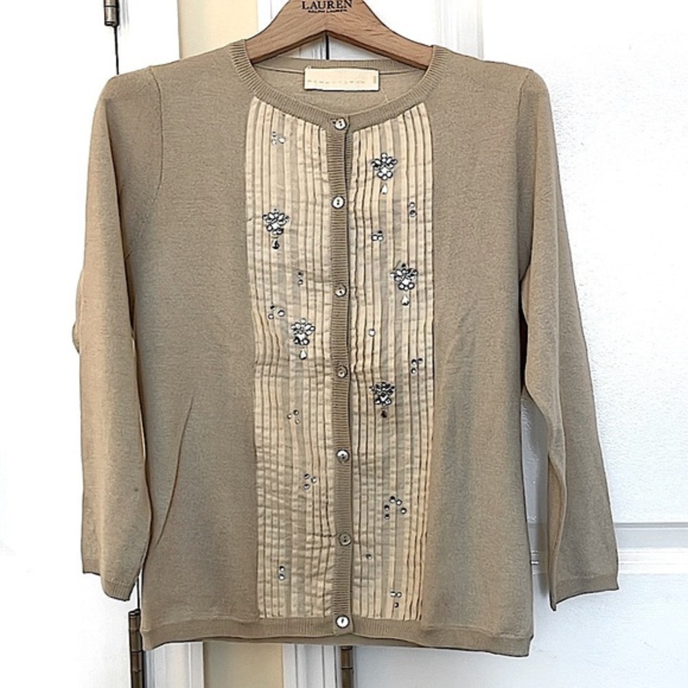 Dorothee Schumacher Embellished Camel Wool & Silk Sweater w Linen Plears; Small